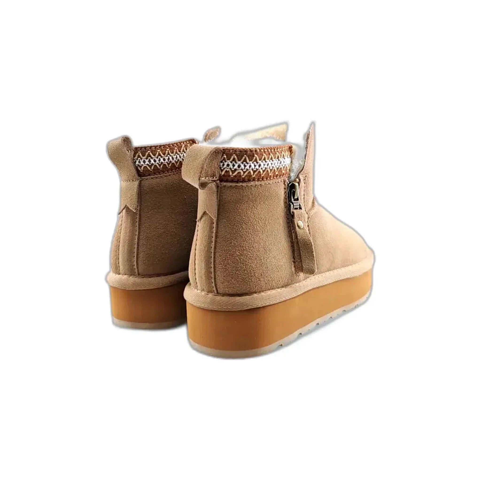 Pair of beige suede UGG-style winter ankle boots with fleece lining and zipper detail
