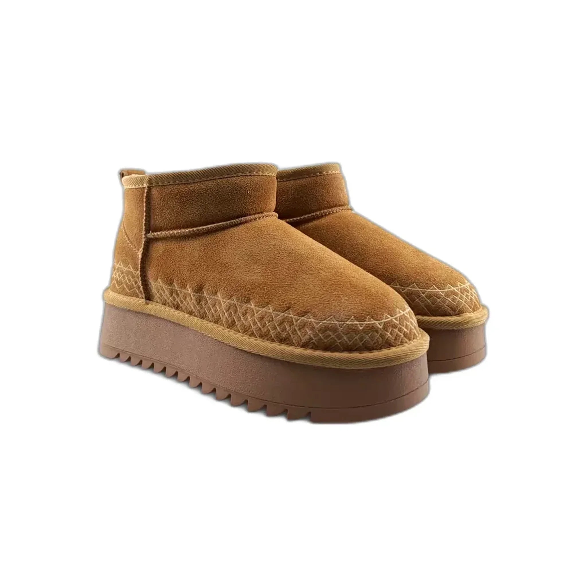 Pair of brown suede platform ankle boots with patterned stitching and thick rubber soles