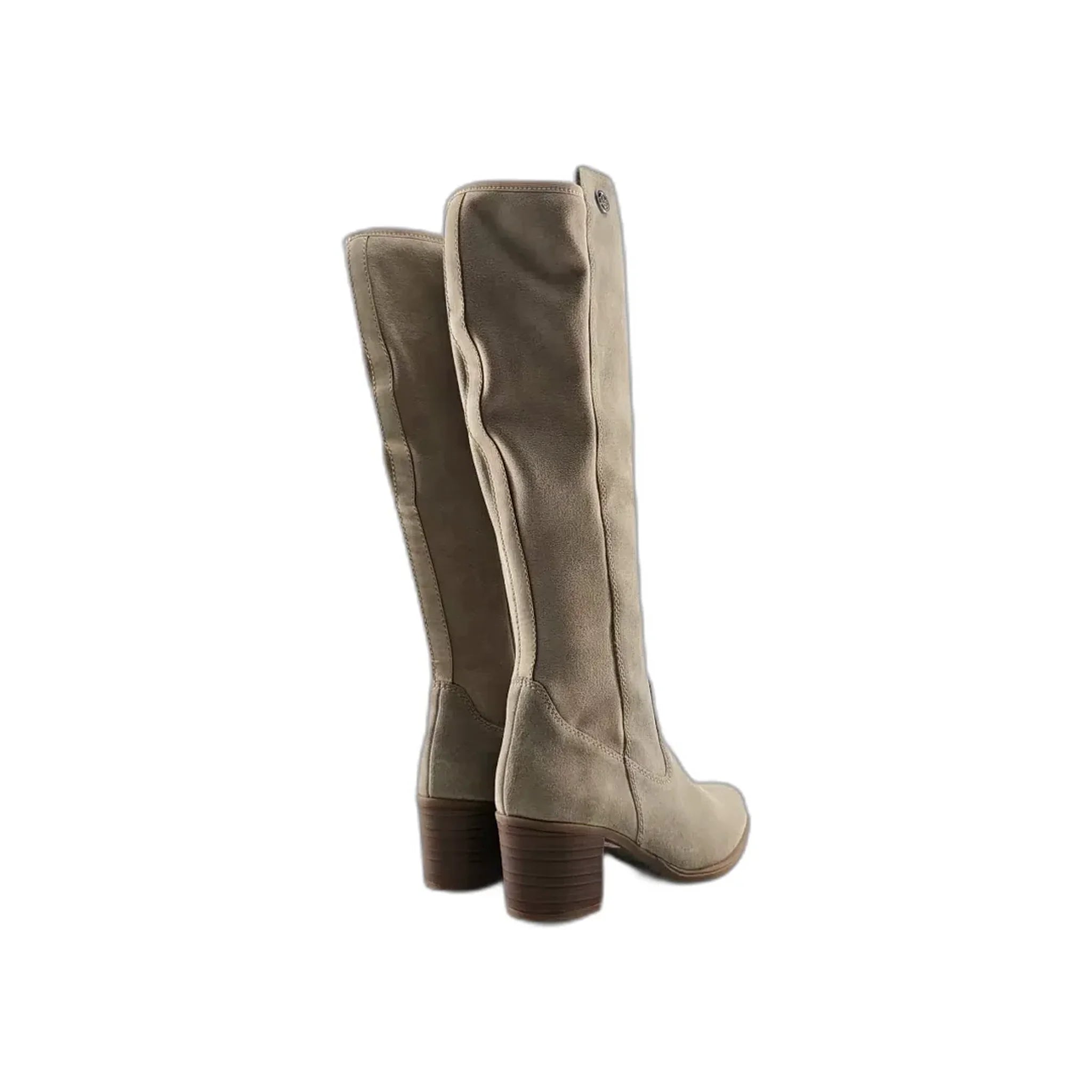 Pair of beige suede knee-high boots with stacked heels and zipper closure, rear view