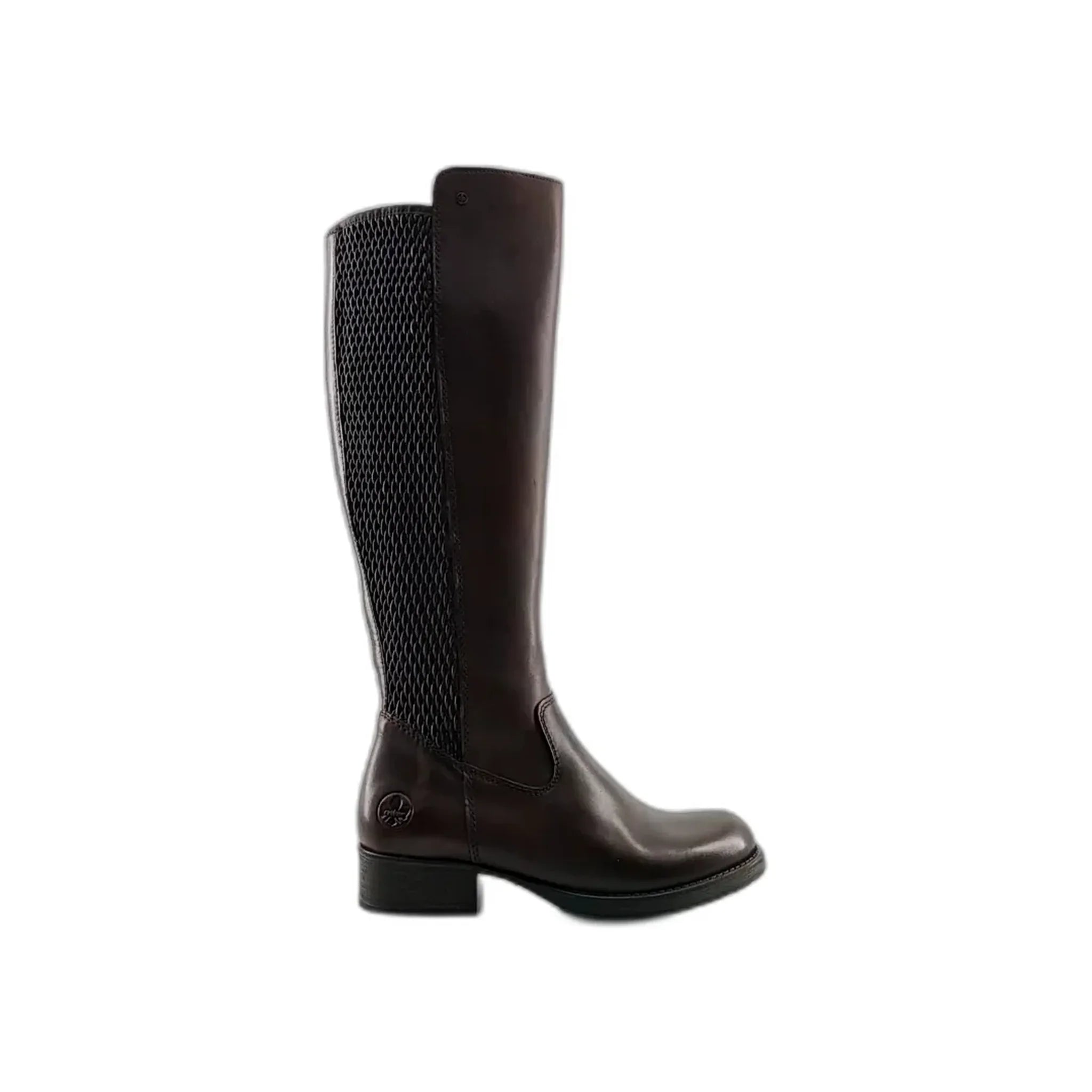 Brown leather knee-high women's boot with elastic mesh back and low block heel