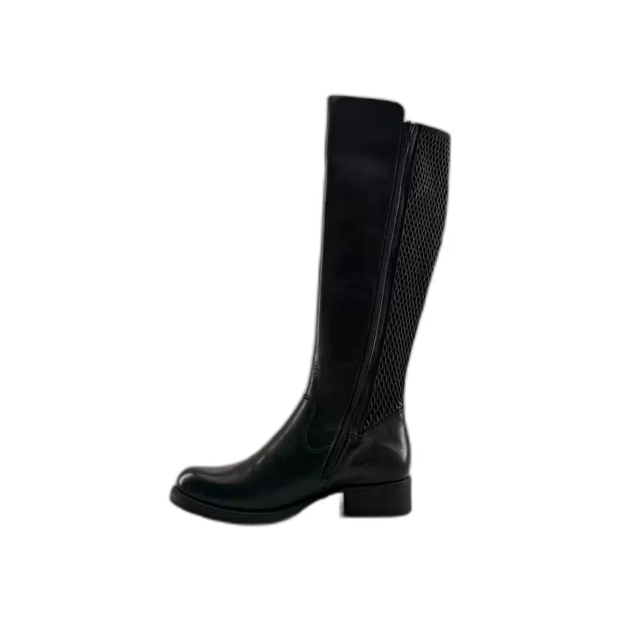 Black knee-high leather boot with side zipper and mesh panel, low block heel