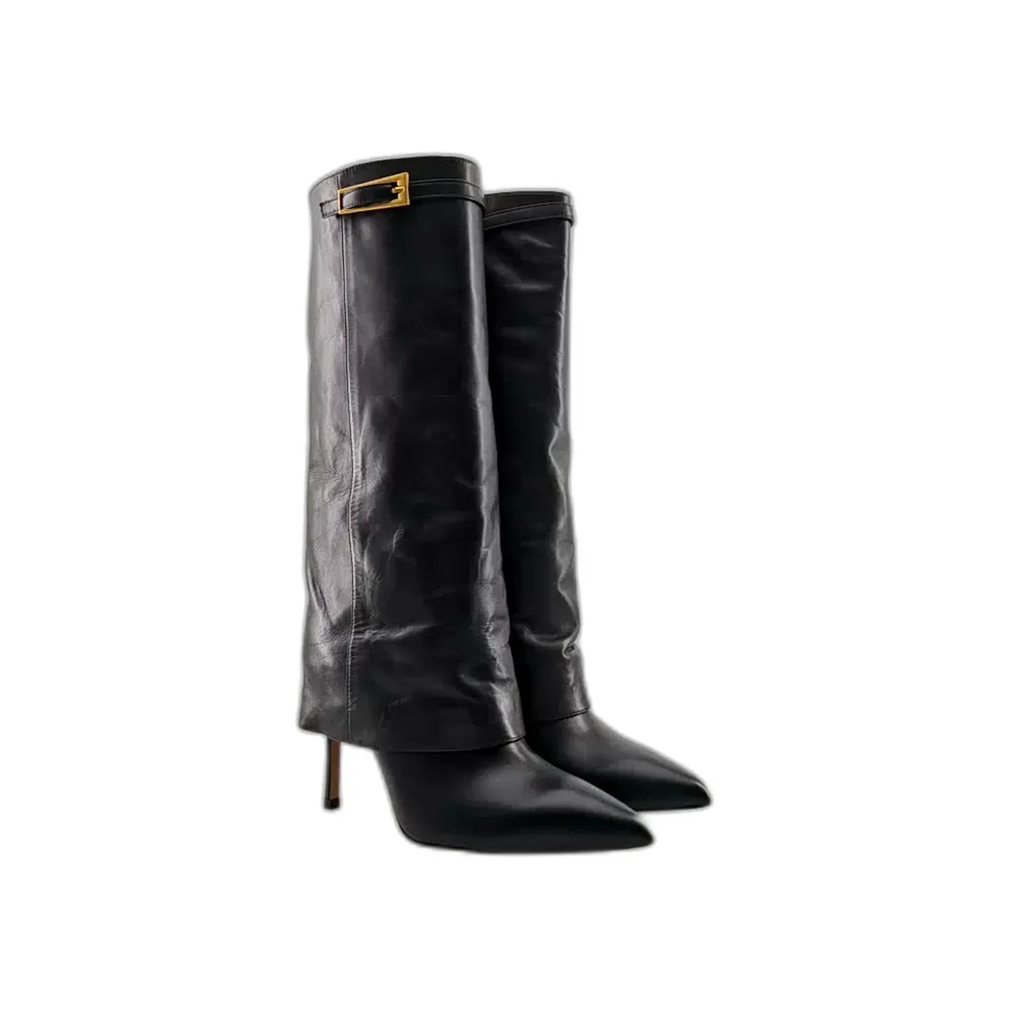 Pair of black leather knee-high stiletto boots with pointed toes and gold buckle detail