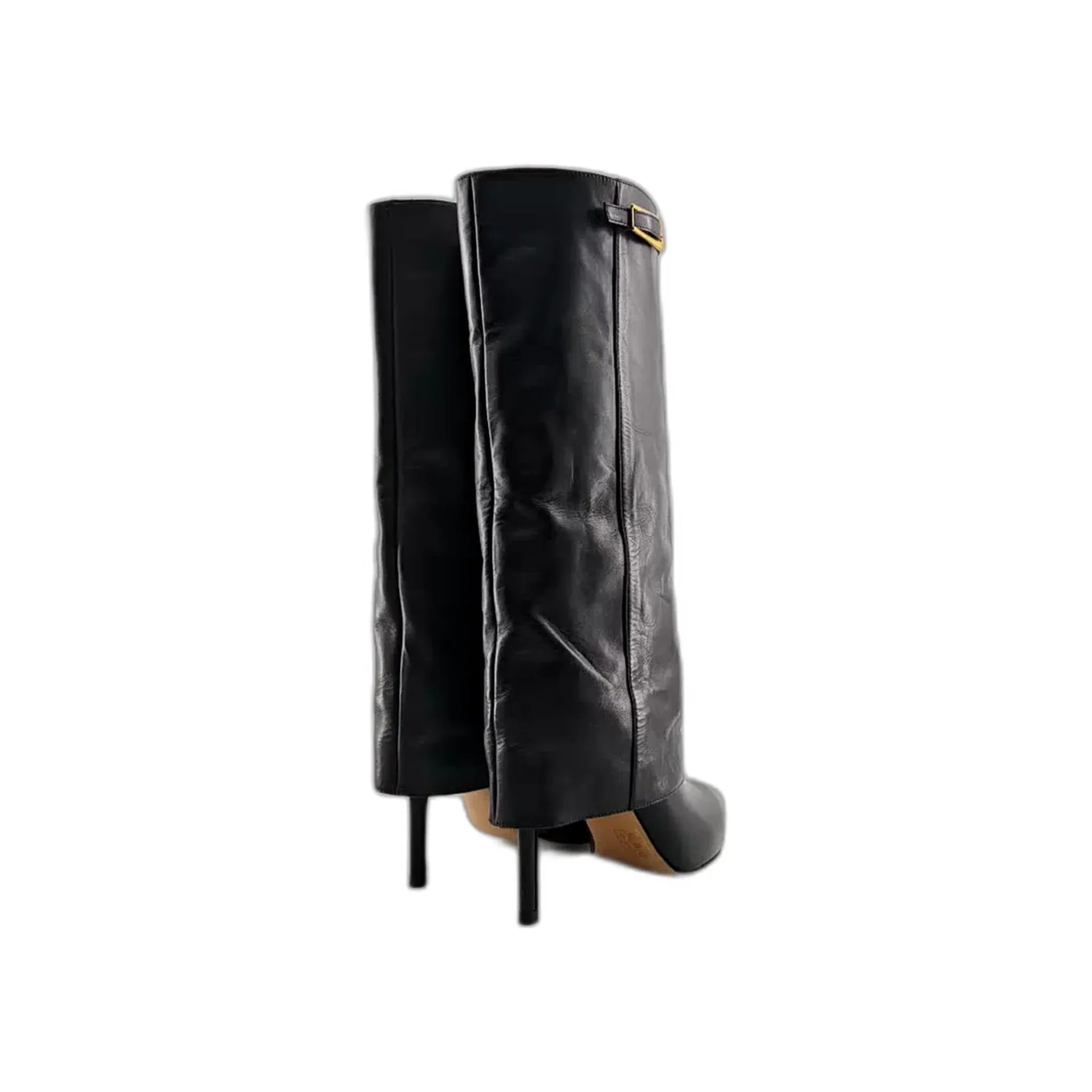 Black high-heeled leather knee boots with gold buckle detail viewed from back